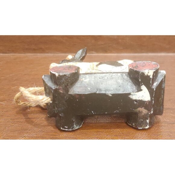 Rustic Plastic Wood-like Carved Black Spotted Cow on Pull Cart Farm Barn Decor - Picture 8 of 11